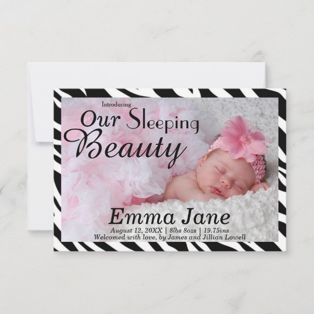 Zebra Sömn Beauty Tryck 3x5 Födelse Tillkännagivan Meddelande (Framsida)