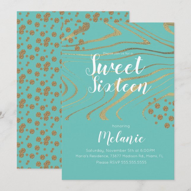 Zebra Sweet 16 Glitter Faux Guld och Foil Geo Inbjudningar (Fram/baksida)