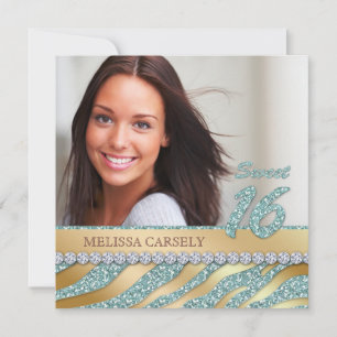 Zebra Sweet 16 Party Inbjudan Teal Guld Juvelry