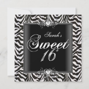 Zebra Sweet Sixteen 16 Födelsedag Svart Vitt Inbjudningar