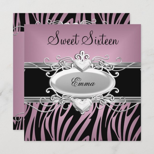 Zebra Sweet sixteen 16 Party Silver Rosa Black Inbjudningar (Fram/baksida)