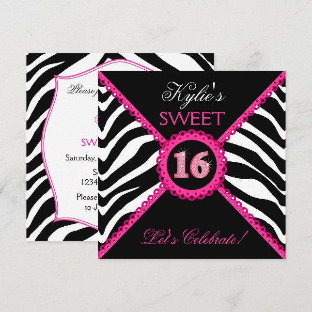 Zebra Sweet sixteen Rosa Snöre Bling Inbjudningar (Fram/baksida)