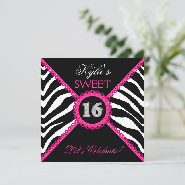 Zebra Sweet sixteen Rosa Snöre Bling Inbjudningar (Stående Fram)