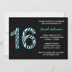Zebra Teal and Black Sweet 16 födelsedagsinbjudan Inbjudningar