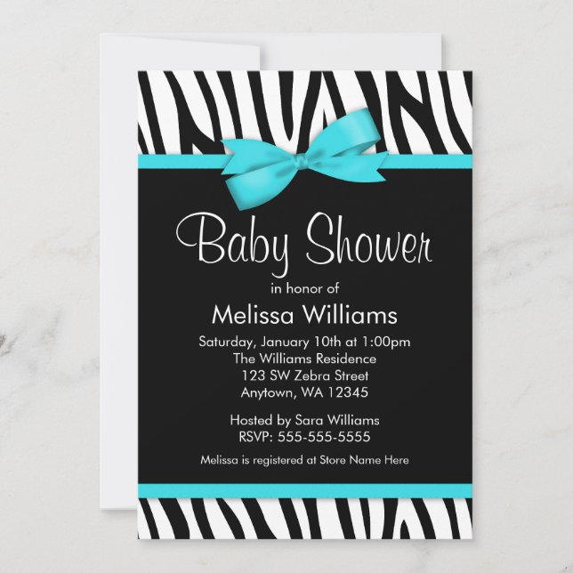Zebra Teal Blue Tryckt Bow Baby Shower Inbjudningar (Framsida)