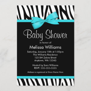 Zebra Teal Blue Tryckt Bow Baby Shower Inbjudningar