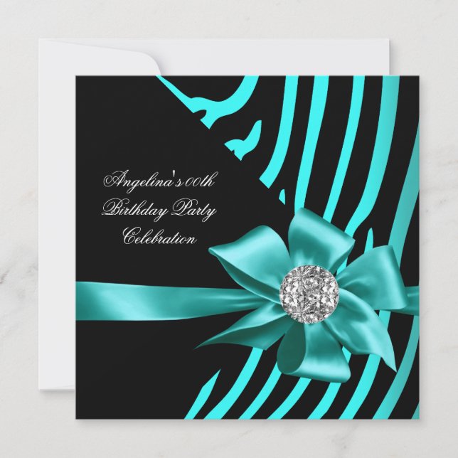 Zebra Teal Silver Jewel Black Elegant Party Inbjudningar (Framsida)