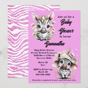 Zebra tecknad, söta djungelsafari-flickor glitter inbjudningar
