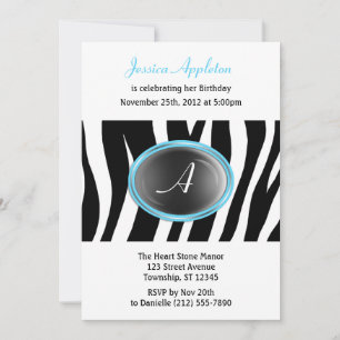 Zebra tryck Aqua Blue Glass Monogram Birthday Inbjudningar