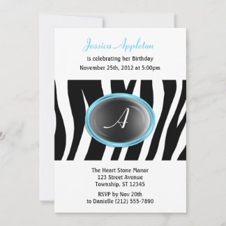 Zebra tryck Aqua Blue Glass Monogram Birthday Inbjudningar