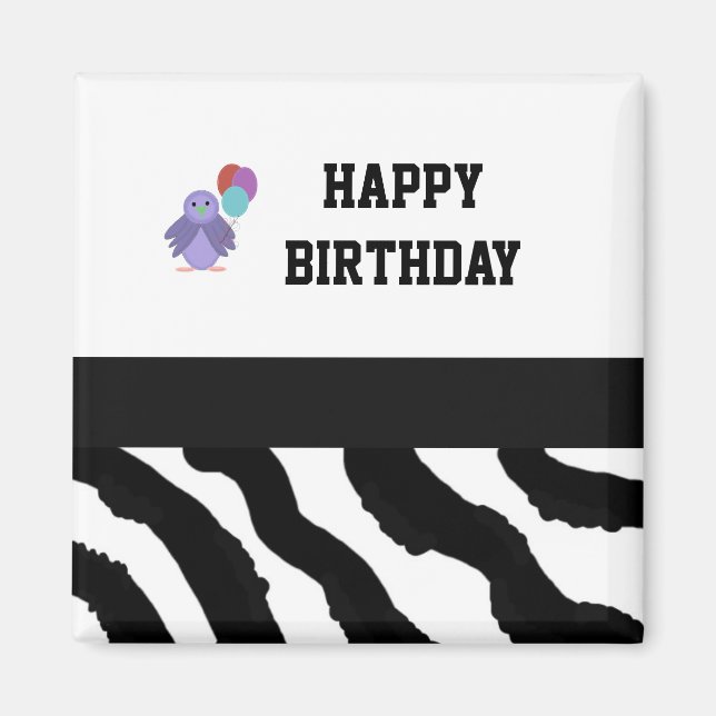 Zebra tryck Bird and Birthday Balloons Magnet (Framsidan)