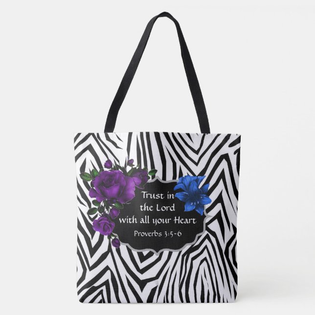 Zebra tryck Blommigt Design Tote Proverbs 3:5-6 Tygkasse (Framsida)
