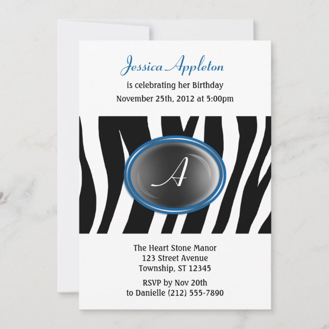 Zebra tryck Blue Glass Monogram Birthday Inbjudningar (Framsida)