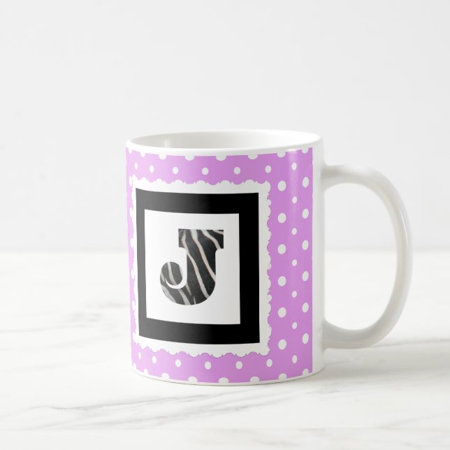 Zebra tryck Brev ’J’ på Lilac/White Polka dots Kaffemugg (Höger)
