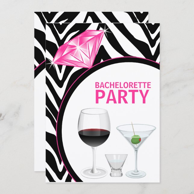 Zebra tryck & Diamond Bachelorette Party Inbjudningar (Fram/baksida)