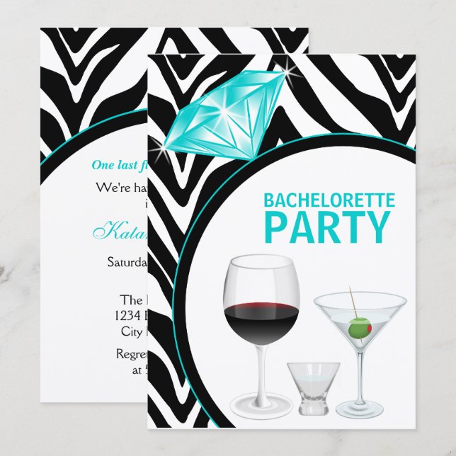 Zebra tryck & Diamond Bachelorette Party Inbjudningar (Fram/baksida)