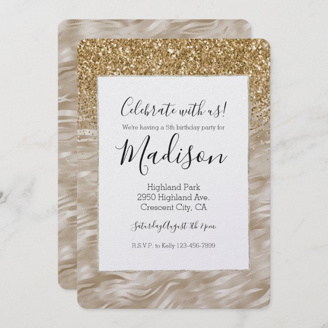 Zebra tryck Faux Guld Glitter Inbjudningar (Fram/baksida)