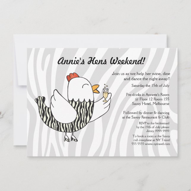 Zebra tryck Funny Hen - Hens Party Bachelorette Inbjudningar (Framsida)