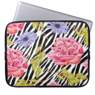 Zebra tryck med Blommigt för Rosa och Lila av Chi Laptop Fodral