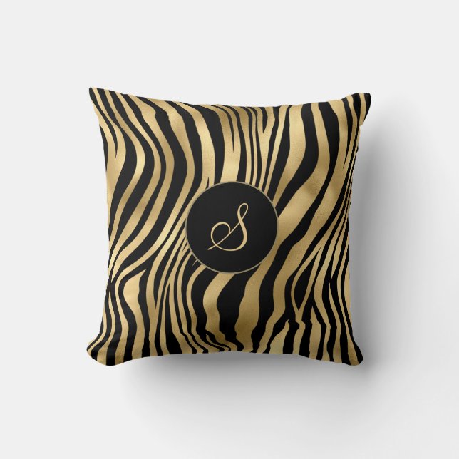 Zebra tryck med folie av guld och monogram kudde (Framsida)