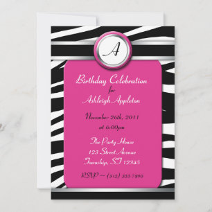 Zebra tryck Monogram Fuchsia födelsedag Inbjudningar