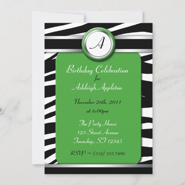 Zebra tryck Monogram Grönt Birthday-inbjudningar Inbjudningar (Framsida)