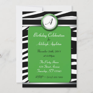 Zebra tryck Monogram Grönt Birthday-inbjudningar Inbjudningar
