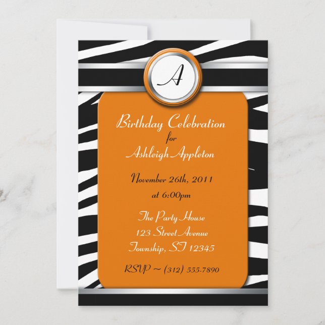 Zebra tryck Monogram Orange Birthday-inbjudningar Inbjudningar (Framsida)