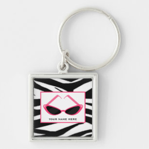 Zebra tryck och Retro rosa solglasögon Fyrkantig Silverfärgad Nyckelring