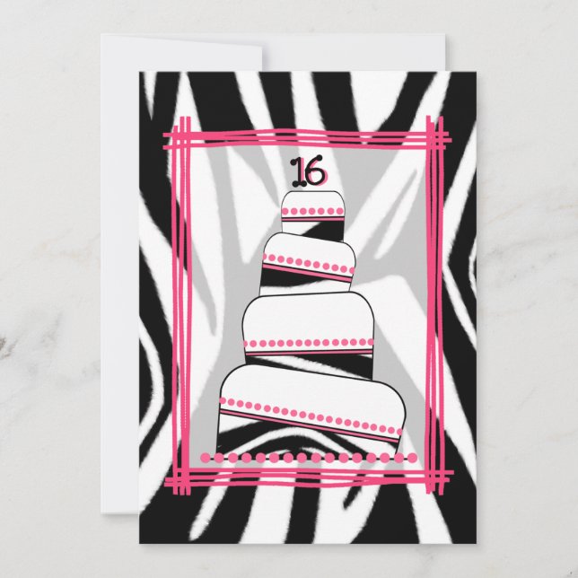 Zebra tryck och Rosa 16:e Födelsedagsfesten Inbjud Inbjudningar (Framsida)