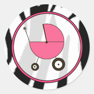 Zebra tryck och Rosa Baby Carriage Sticker Runt Klistermärke