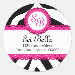 Zebra tryck och Rosa Snöre Monogram Stickers Runt Klistermärke