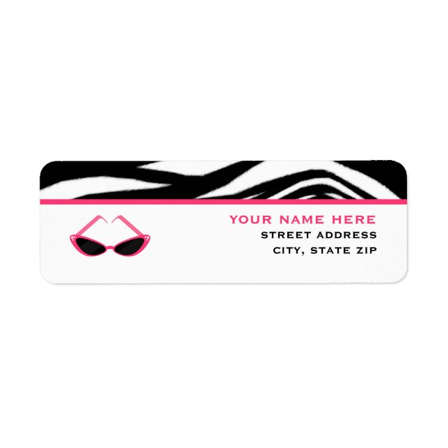 Zebra tryck Print & Rosa Retro Sunglass Returadress Etikett (Framsidan)