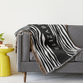 Zebra tryck, Rand, svart och vitt, ditt namn Filt