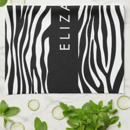 Zebra tryck, Rand, svart och vitt, ditt namn Kökshandduk