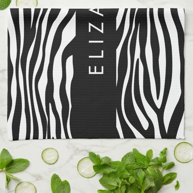 Zebra tryck, Rand, svart och vitt, ditt namn Kökshandduk (Vikta)