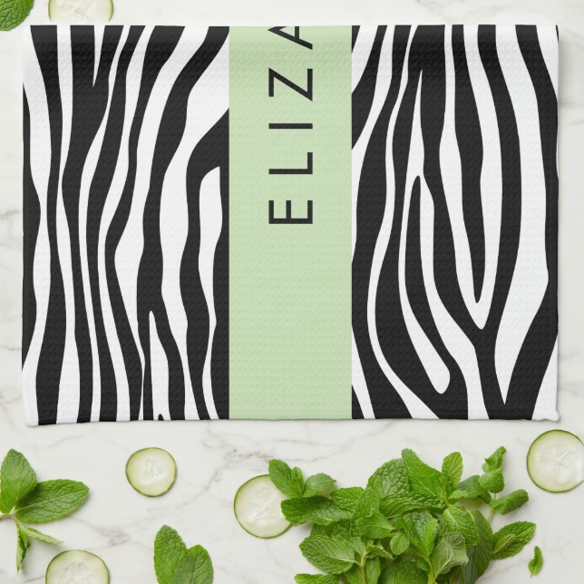 Zebra tryck, Rand, svart och vitt, ditt namn Kökshandduk (Vikta)