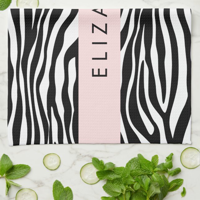 Zebra tryck, Rand, svart och vitt, ditt namn Kökshandduk (Vikta)