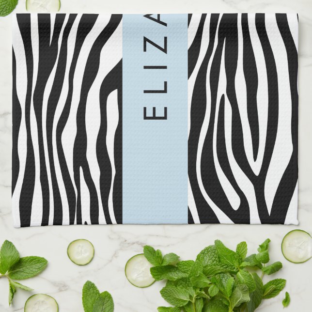 Zebra tryck, Rand, svart och vitt, ditt namn Kökshandduk (Vikta)
