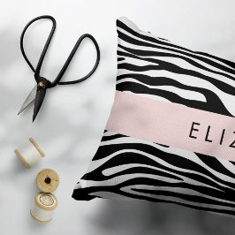Zebra tryck, Rand, svart och vitt, ditt namn Prydnadskudde
