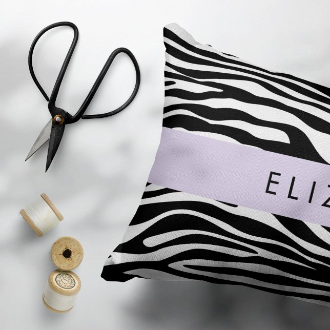 Zebra tryck, Rand, svart och vitt, ditt namn Prydnadskudde (Skapare uppladdad)