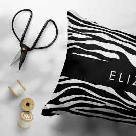 Zebra tryck, Rand, svart och vitt, ditt namn Prydnadskudde