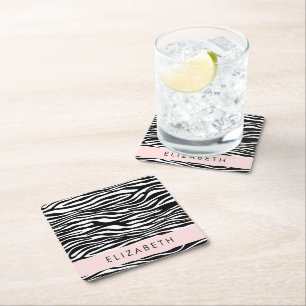 Zebra tryck, Rand, svart och vitt, ditt namn Underlägg Papper Kvadrat