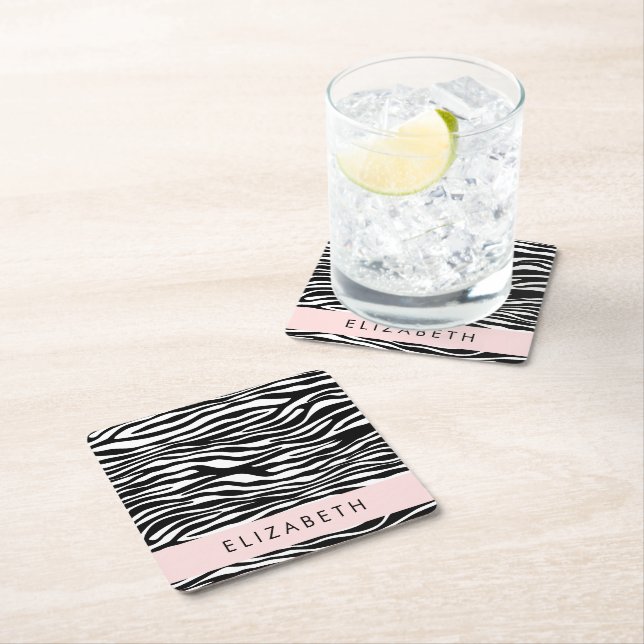 Zebra tryck, Rand, svart och vitt, ditt namn Underlägg Papper Kvadrat (Insitu)