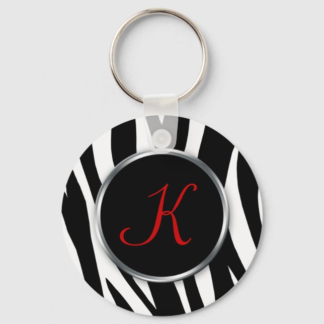 Zebra tryck : Röda monogram : Nyckelkedja Nyckelring (Framsida)