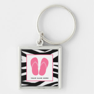 Zebra tryck- & rosaflinflip flopspersonlig fyrkantig silverfärgad nyckelring