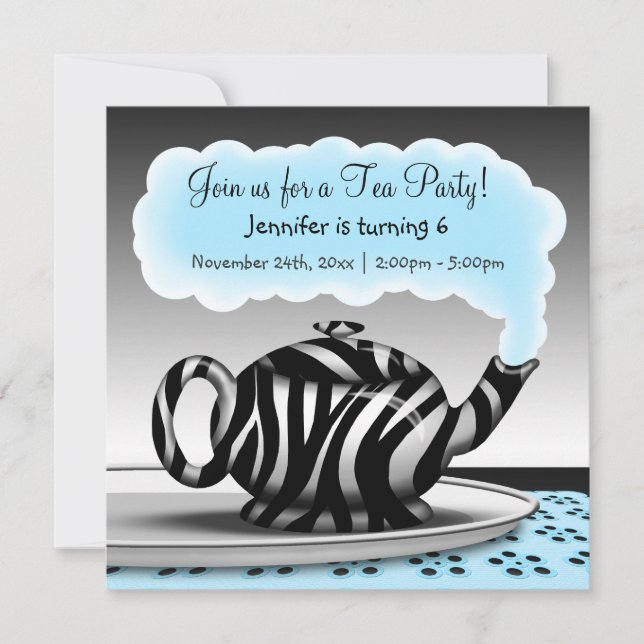 Zebra tryck Tekanna Tea Party födelsedag Inbjudningar (Framsida)