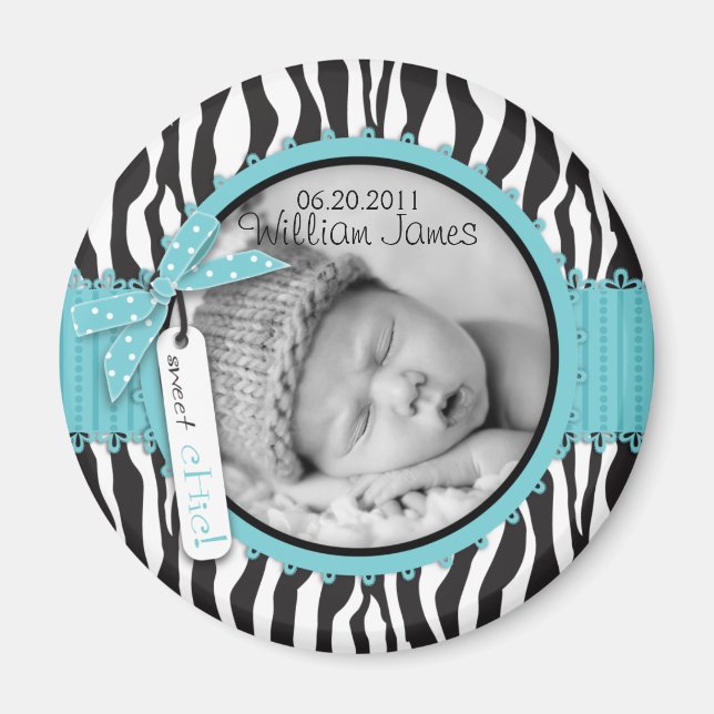 Zebra tryck Turcoise Accent Birth-meddelande Magnet (Framsidan)