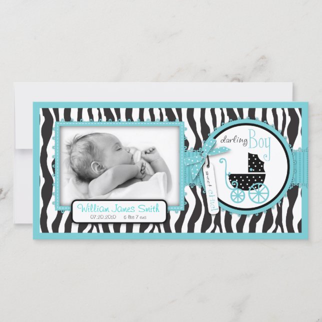 Zebra tryck Turcoise Accent Birth-meddelande Meddelande (Framsida)
