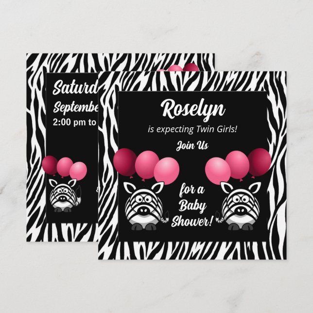 Zebra Twillingars Rosa Girls Baby Shower Inbjudningar (Fram/baksida)